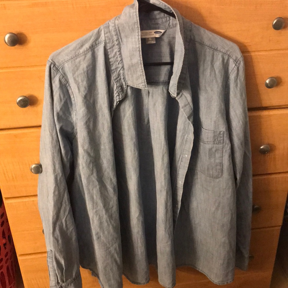 Blue jean material long sleeve button down shirt